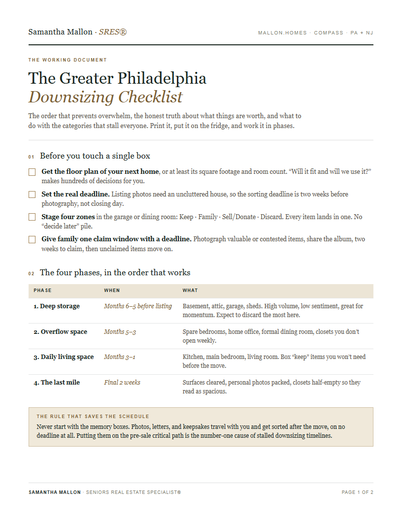 Page one of the printable Greater Philadelphia downsizing checklist